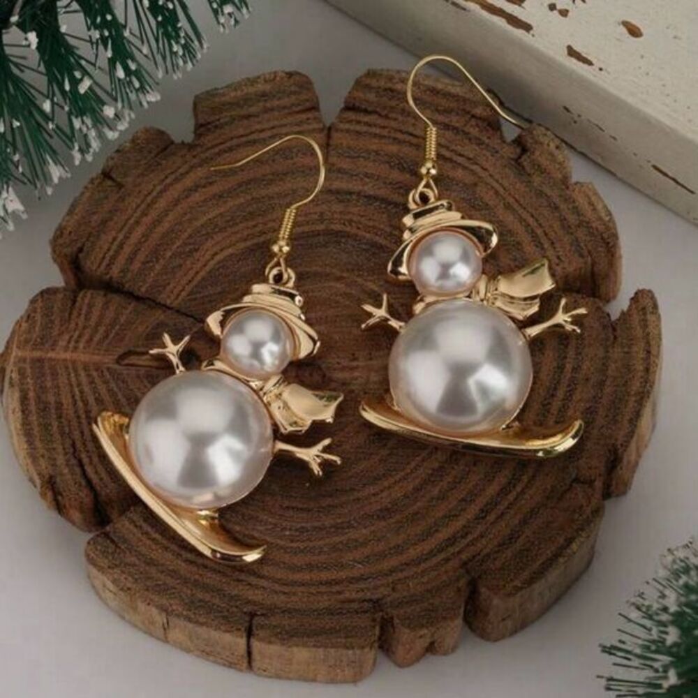 Christmas Faux Pearl Snowman Sledding Holiday Festive Statement Earrings